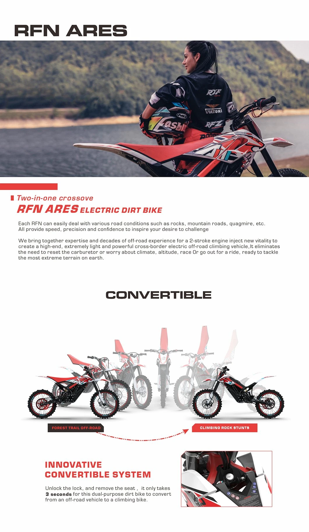 Rfn Ares Rally PRO Electric Dirt Bike Electric Motorcycle with Lithium Battery Electric Motocross Electric Pit Bike Adult Electric Dirt Bike